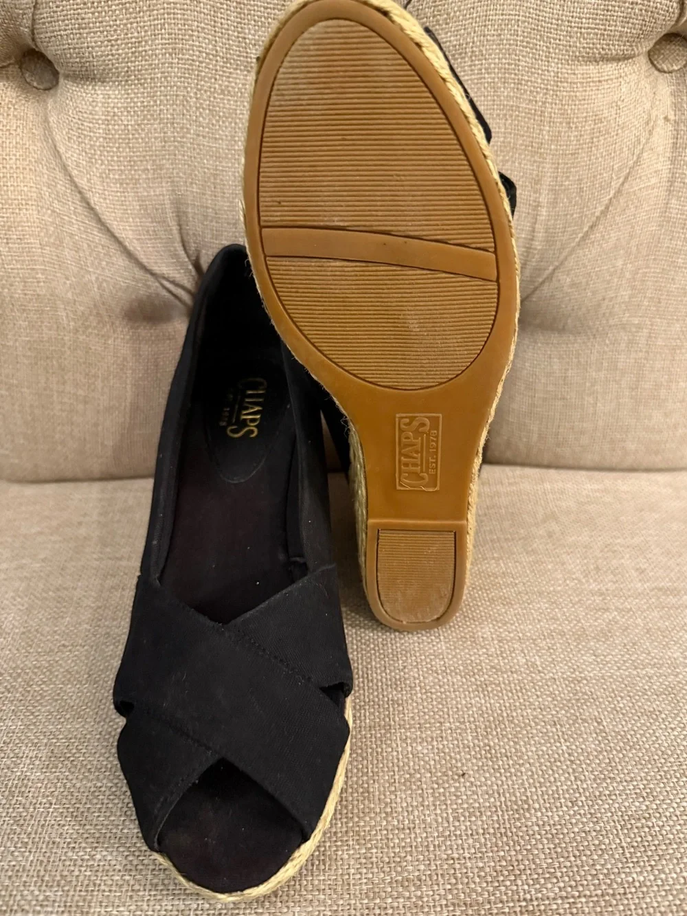 Chaps Black Crisscross Peep-Toe Espadrille Wedges